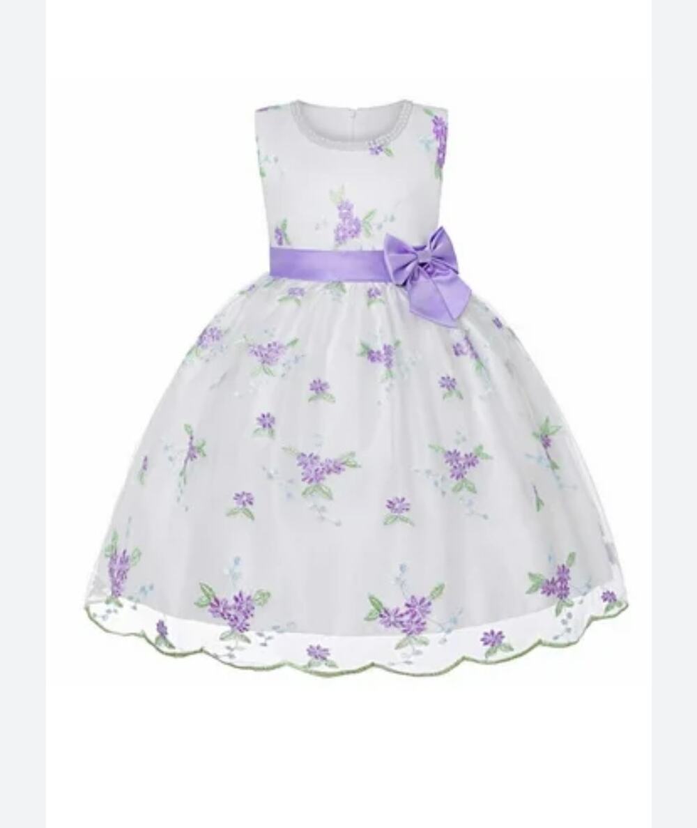 Girls floral Embroidered lavendar satin bow formal dress pearl collar Toddler 4T